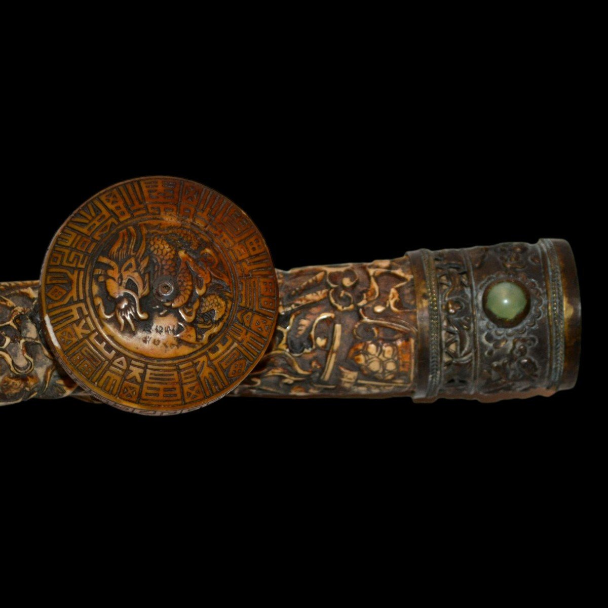 Opium Pipe, Antique Carved Ivory, Gilded Silver, Jade, 19th Century China-photo-5