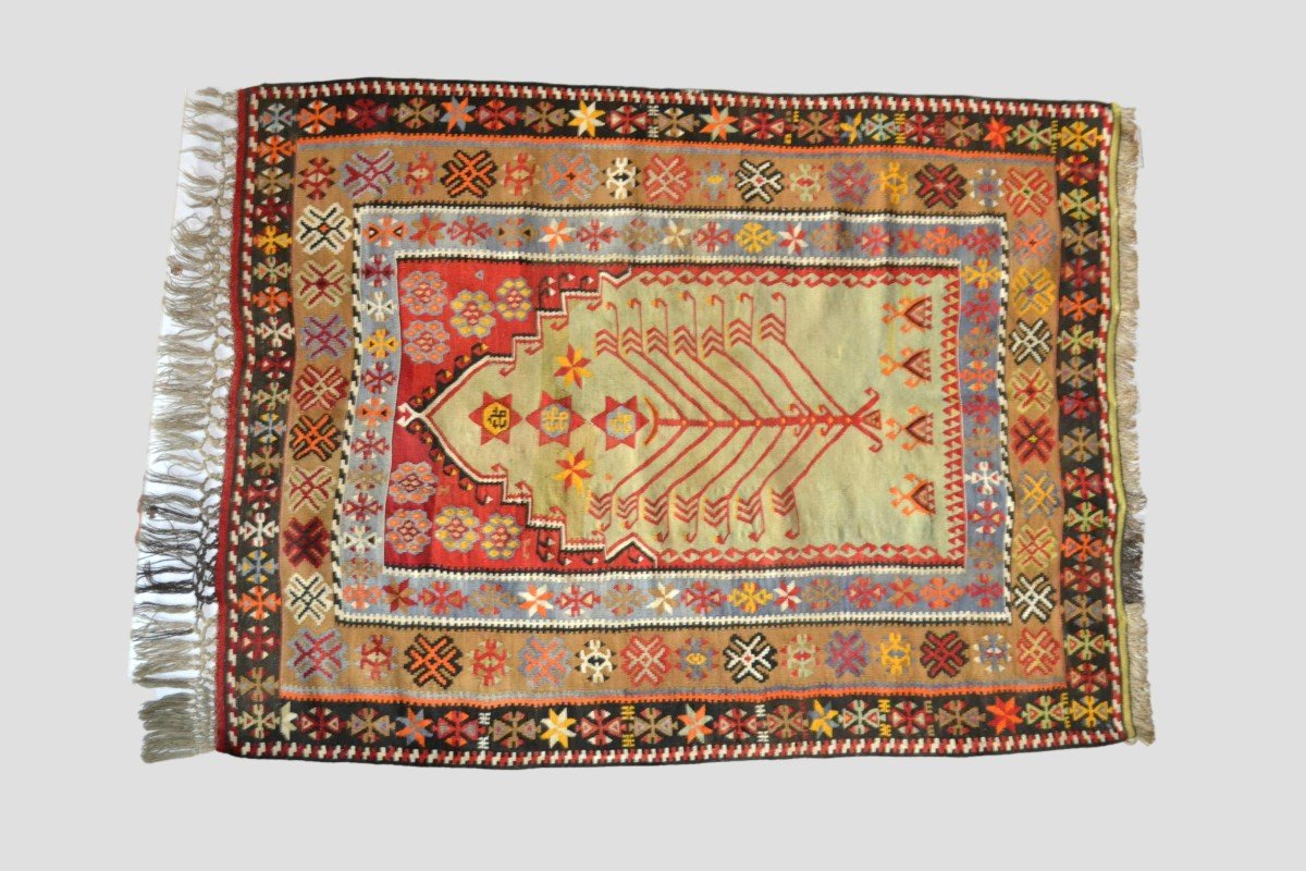 Extraordinary Obruk - Prayer Kilim, 140 X 197 Cm, Woven Wool Late 19th Century Early 20th Century-photo-2