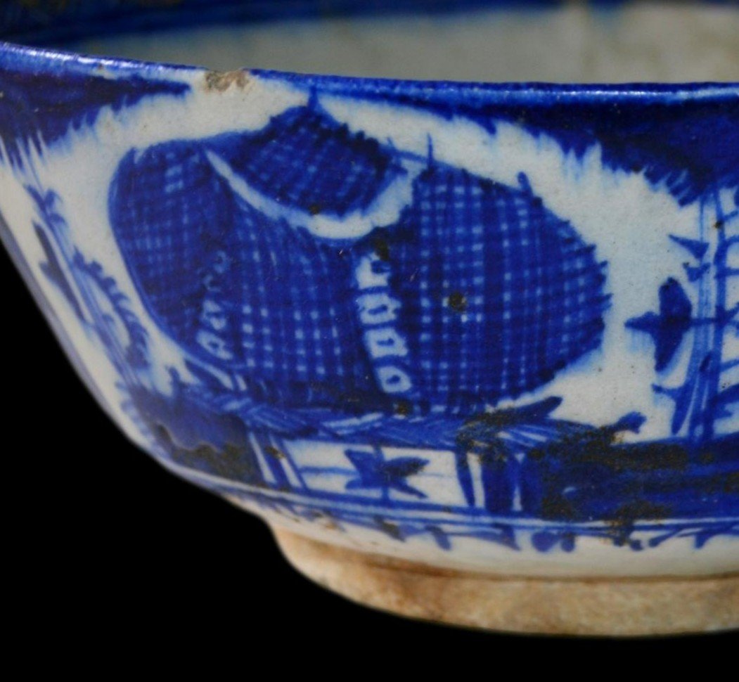 Grand bol Perse Kadjar, diamètre 24,4 cm, blanc, bleu, céramique siliceuse, Perse du XIXème -photo-2