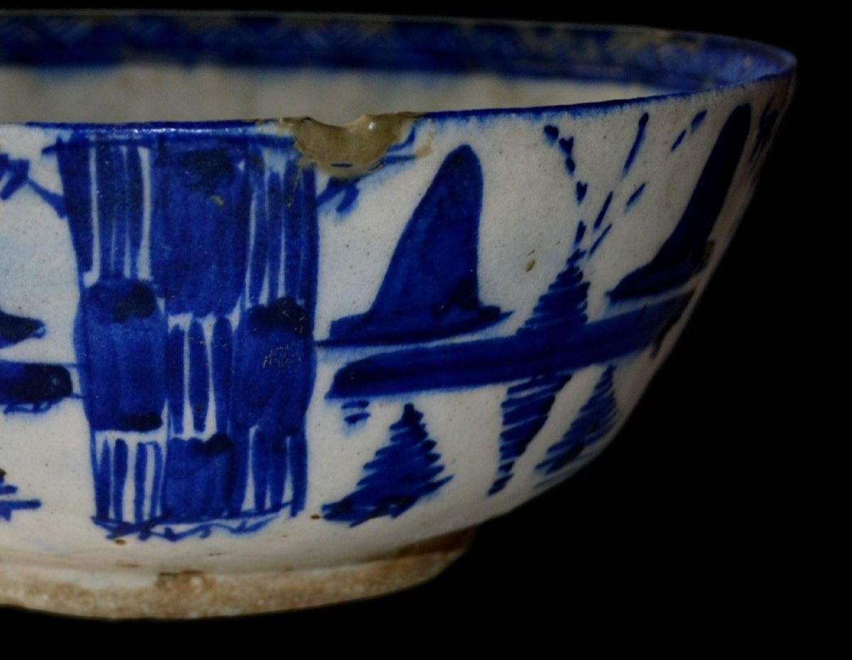 Grand bol Perse Kadjar, diamètre 24,4 cm, blanc, bleu, céramique siliceuse, Perse du XIXème -photo-5