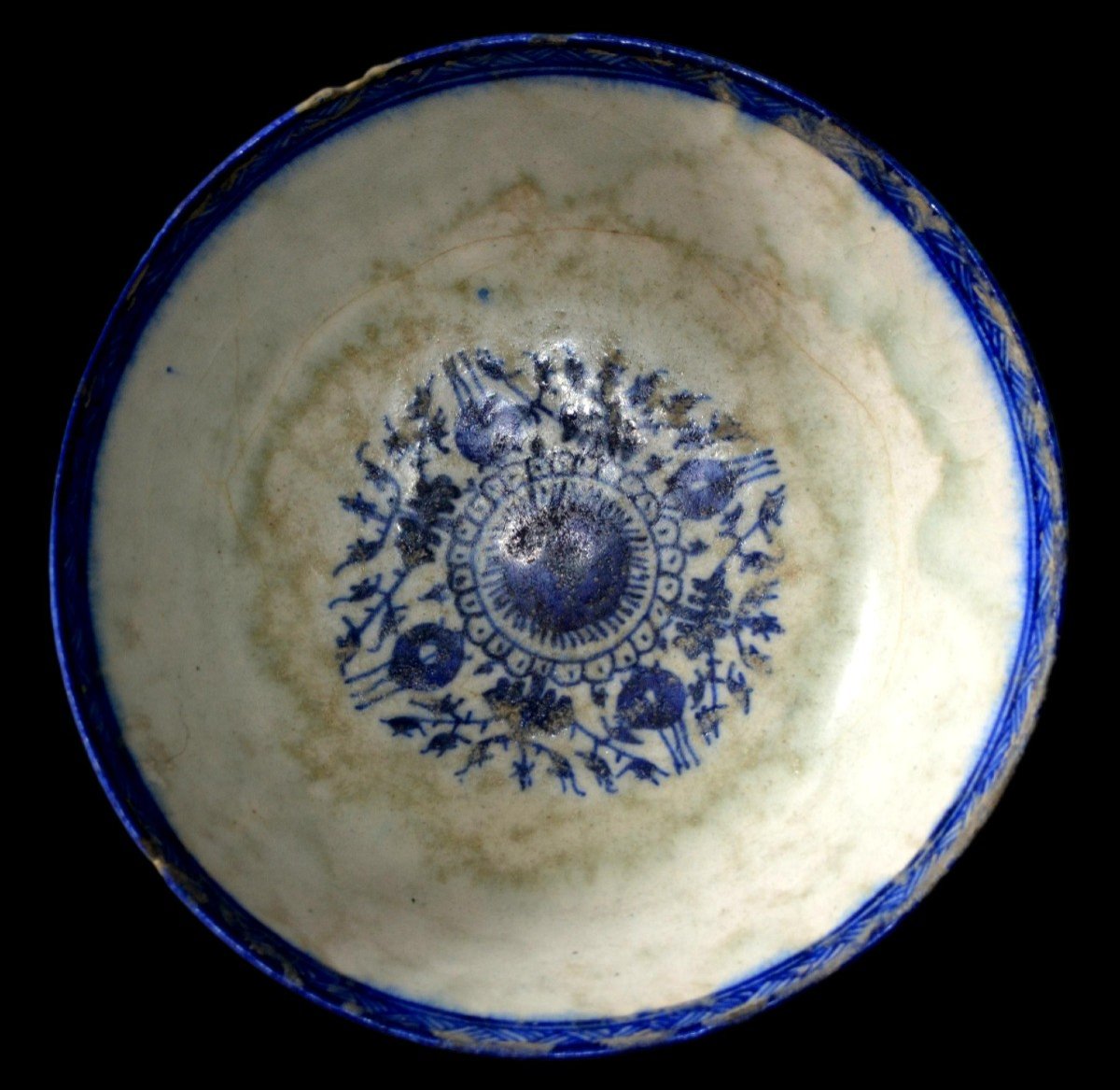 Grand bol Perse Kadjar, diamètre 24,4 cm, blanc, bleu, céramique siliceuse, Perse du XIXème -photo-6