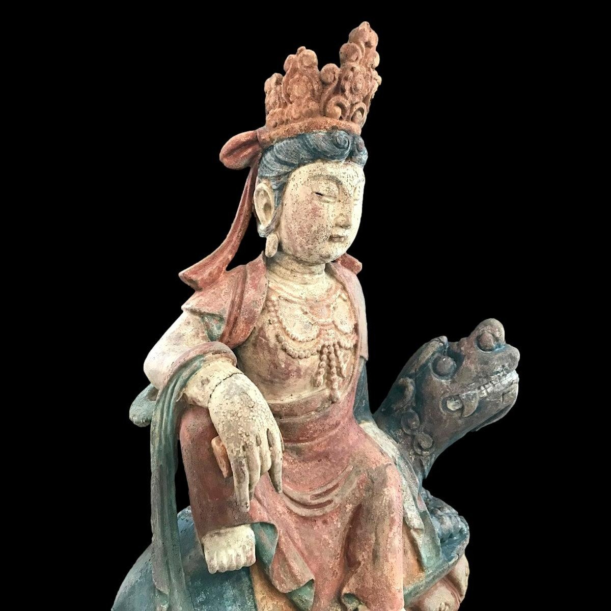 Chine, importante, Ht 64,5 cm,  Bodhisattva Guan Yin en bois sculpté polychrome XVIII-XIXème -photo-7