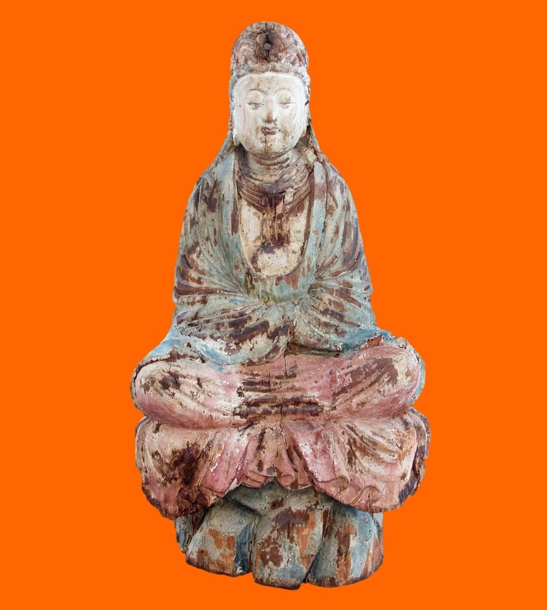 Large Old Buddha, Temple, In Polychrome Wood, China Late 18th Century - Early 20th Century-photo-2