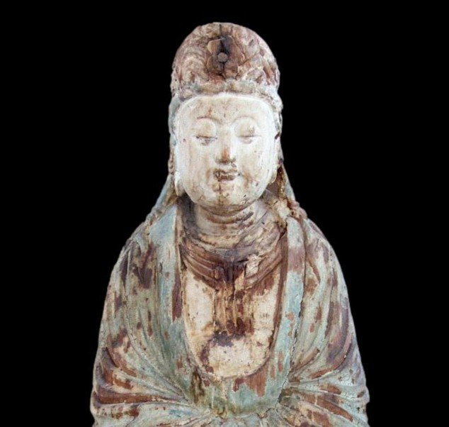 Grand Bouddha ancien, de temple, en bois polychrome, Chine fin du XVIIIème - début du XXème S-photo-3