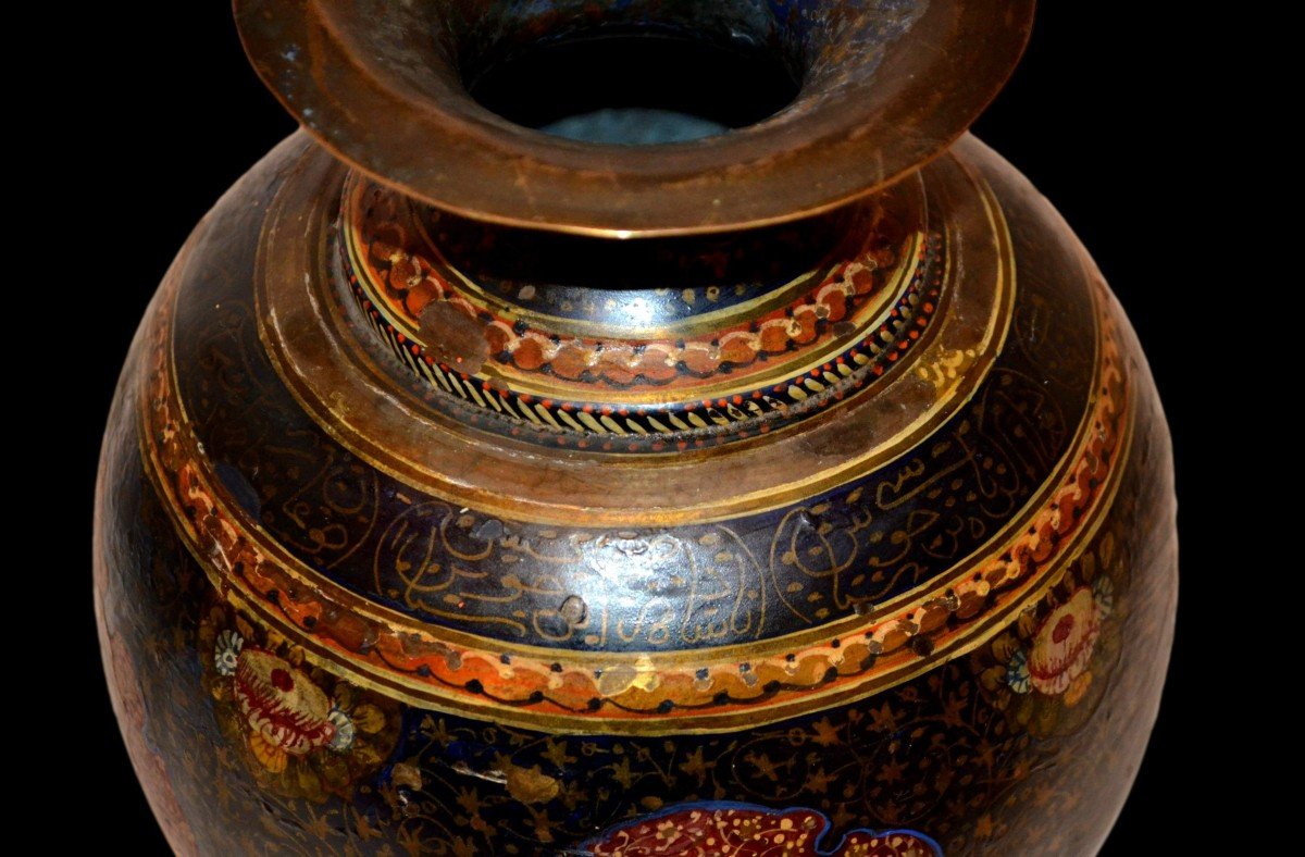 Rare Painted Bronze Vase, Calligraphy, Characters, Birds, Kadjar Period, 19th Century-photo-2