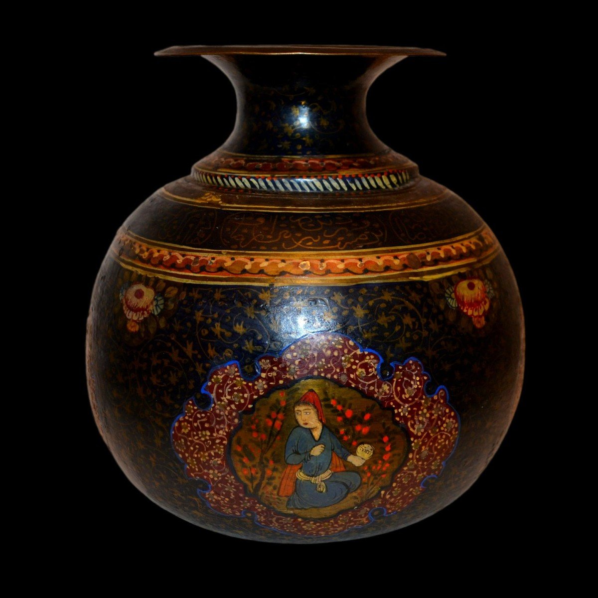 Rare vase, bronze peint, calligraphies, miniatures persanes, époque Kadjar, Perse XIXème Siècle-photo-3