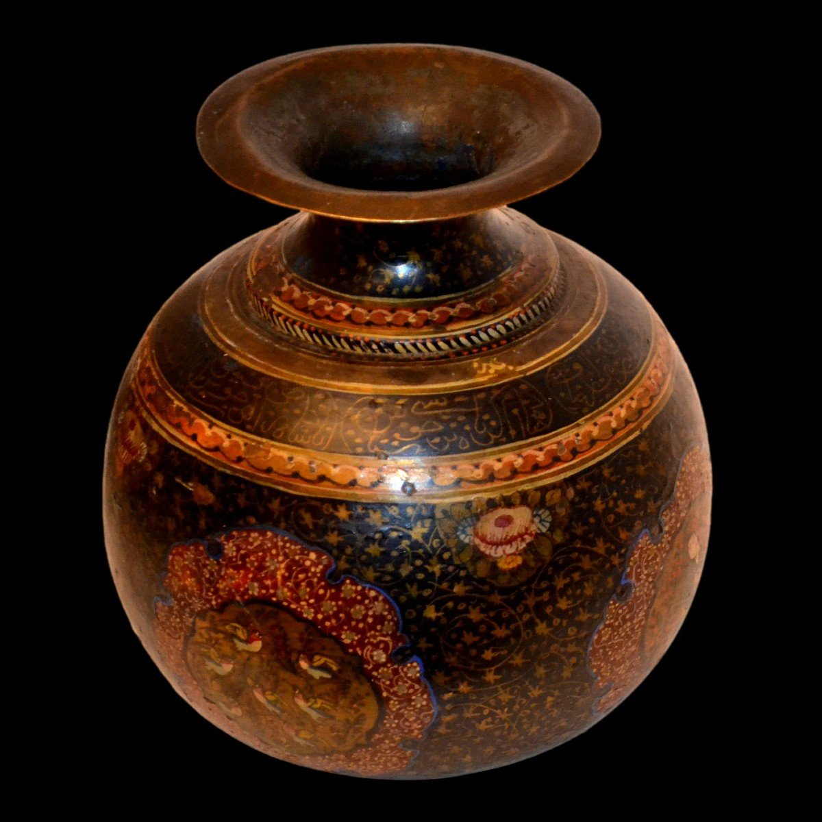 Rare vase, bronze peint, calligraphies, miniatures persanes, époque Kadjar, Perse XIXème Siècle-photo-3