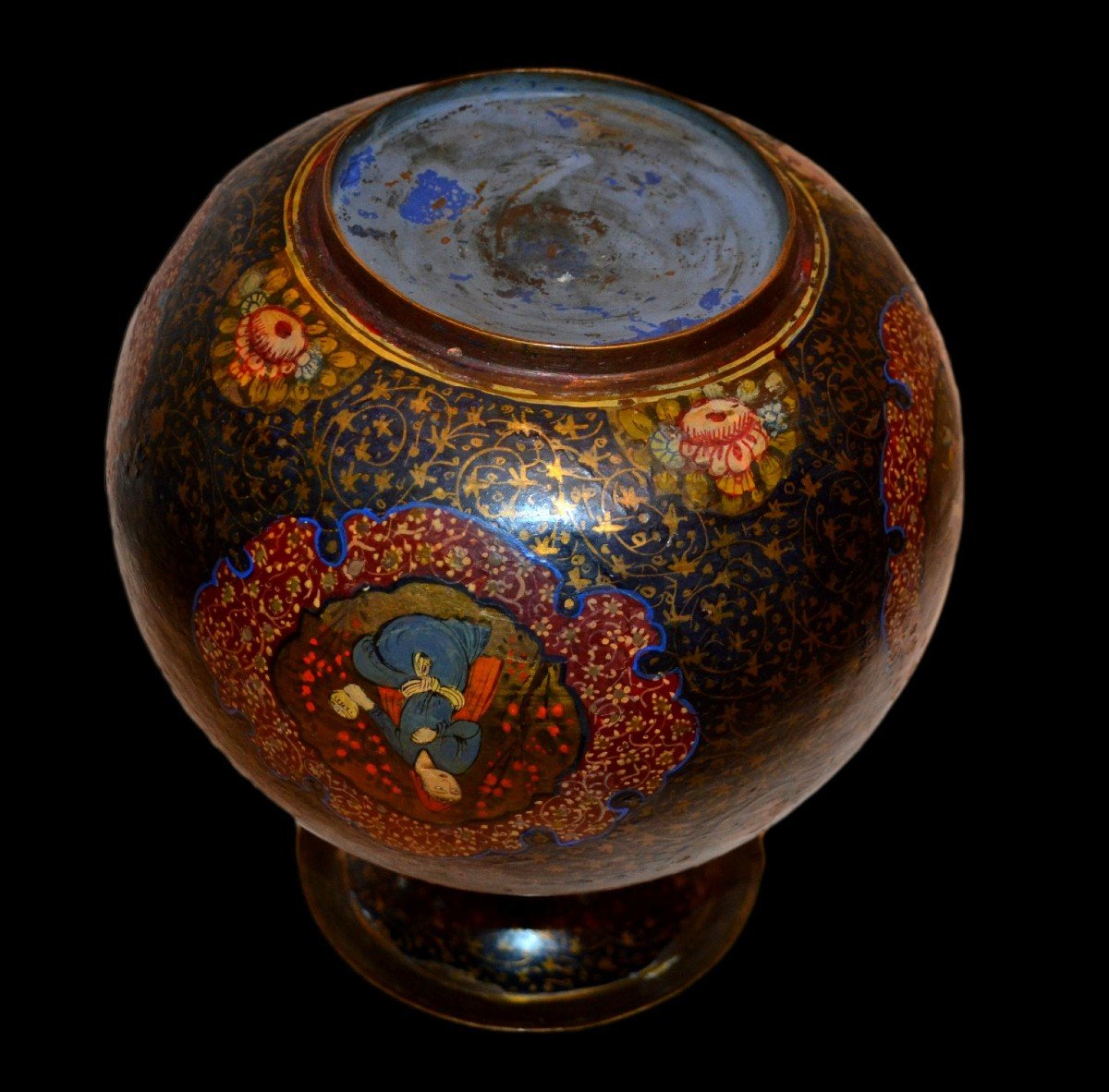 Rare vase, bronze peint, calligraphies, miniatures persanes, époque Kadjar, Perse XIXème Siècle-photo-5