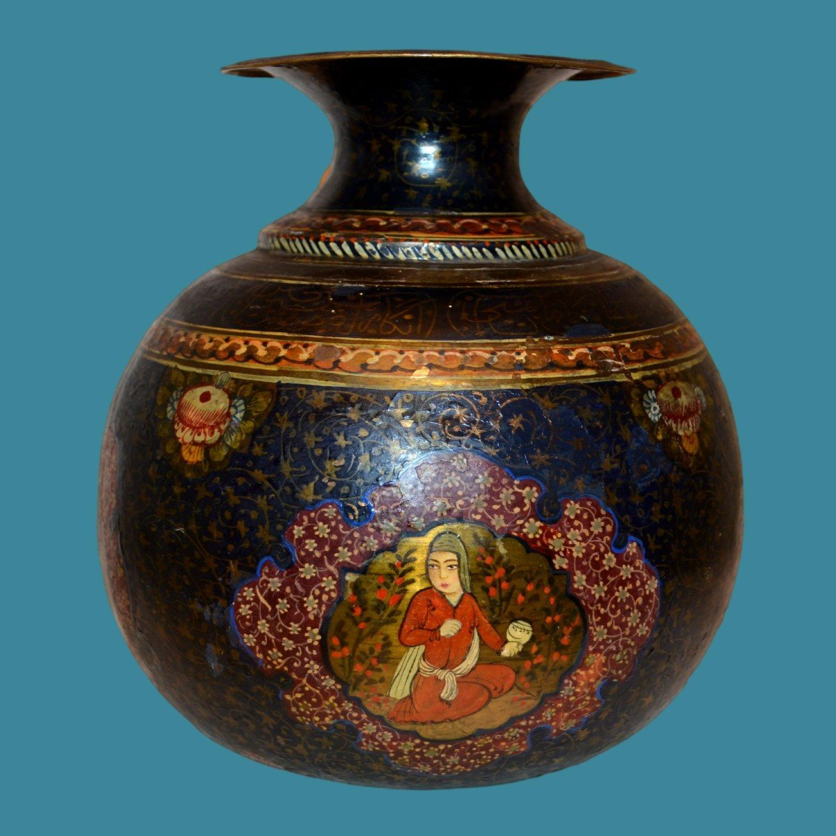 Rare vase, bronze peint, calligraphies, miniatures persanes, époque Kadjar, Perse XIXème Siècle-photo-7