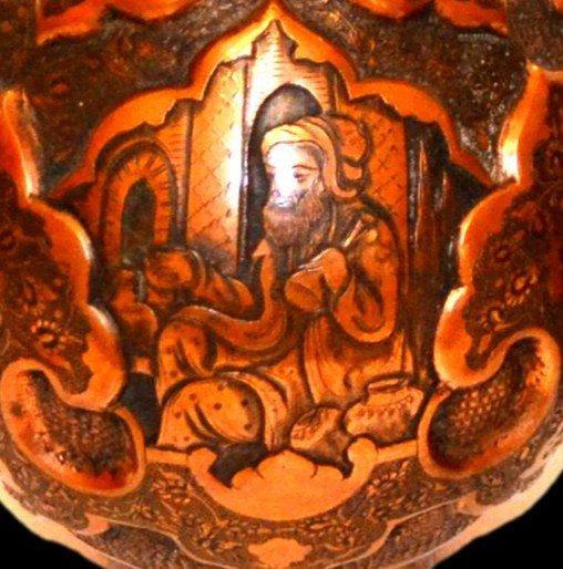 Pair Of Rose Water Bottles, Chiseled Copper With Persian Scenes, Iran Circa 1920 - 1930-photo-4