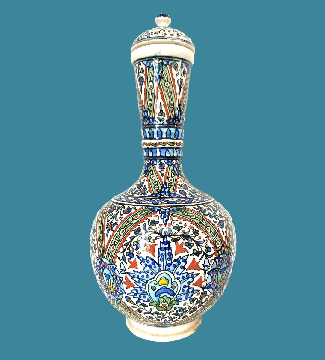Covered Ottoman Bottle, Ceramic, Iznik, Turkey, 1900 - 1920, In Very Good Condition-photo-2