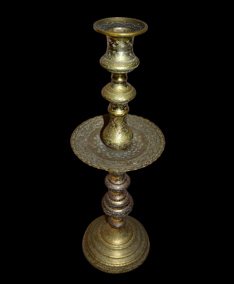 Large Ottoman Candlestick, Ht 48cm, Turkey, Chiseled Gilded Bronze Around 1900, Very Good Condition-photo-3