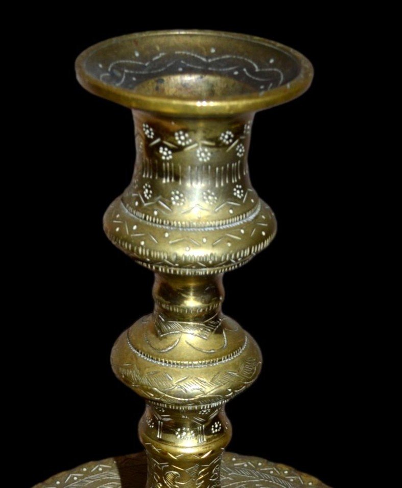 Large Ottoman Candlestick, Ht 48cm, Turkey, Chiseled Gilded Bronze Around 1900, Very Good Condition-photo-4