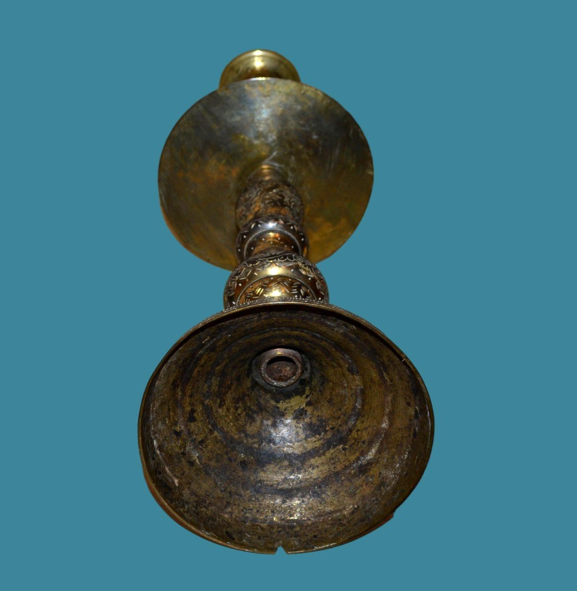 Large Ottoman Candlestick, Ht 48cm, Turkey, Chiseled Gilded Bronze Around 1900, Very Good Condition-photo-4
