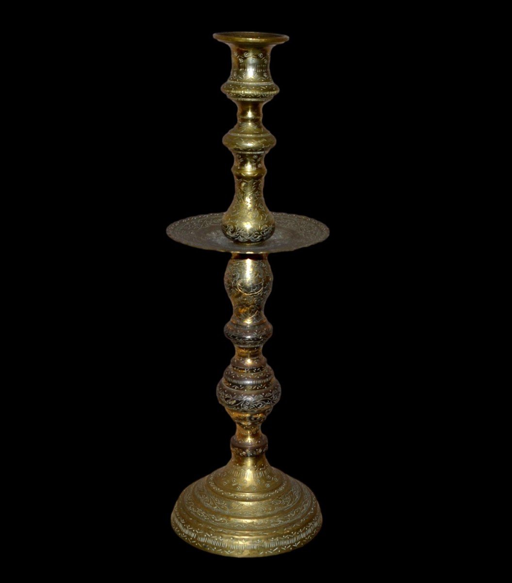 Large Ottoman Candlestick, Ht 48cm, Turkey, Chiseled Gilded Bronze Around 1900, Very Good Condition