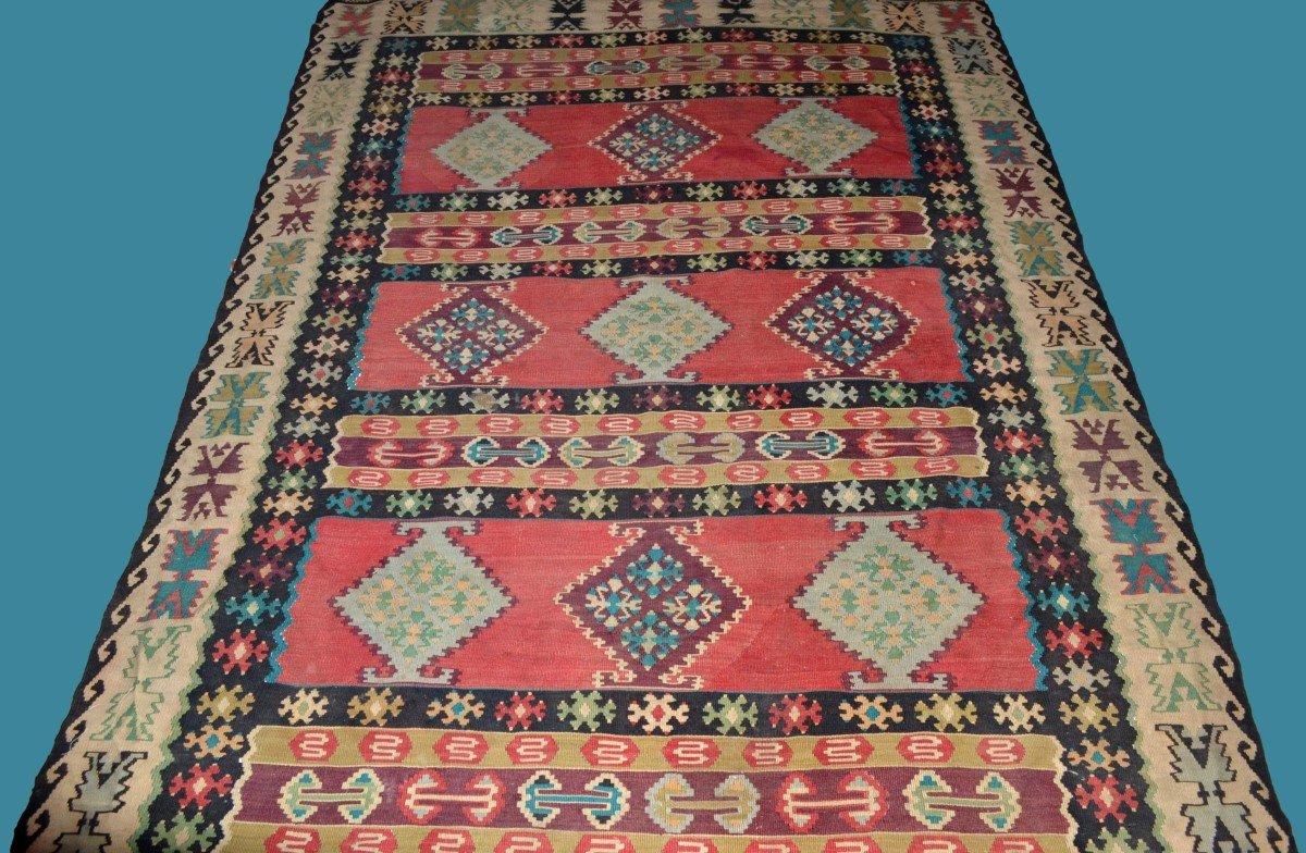 Kilim ancien, 196 cm x 292 cm, laine tissée main vers 1900 en Anatolie, Turquie, très bel état-photo-2