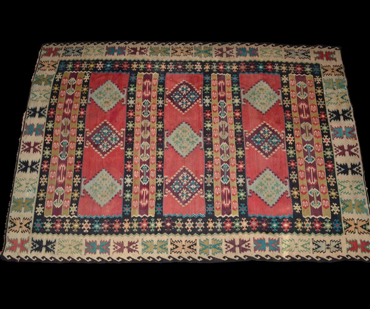 Kilim ancien, 196 cm x 292 cm, laine tissée main vers 1900 en Anatolie, Turquie, très bel état-photo-3