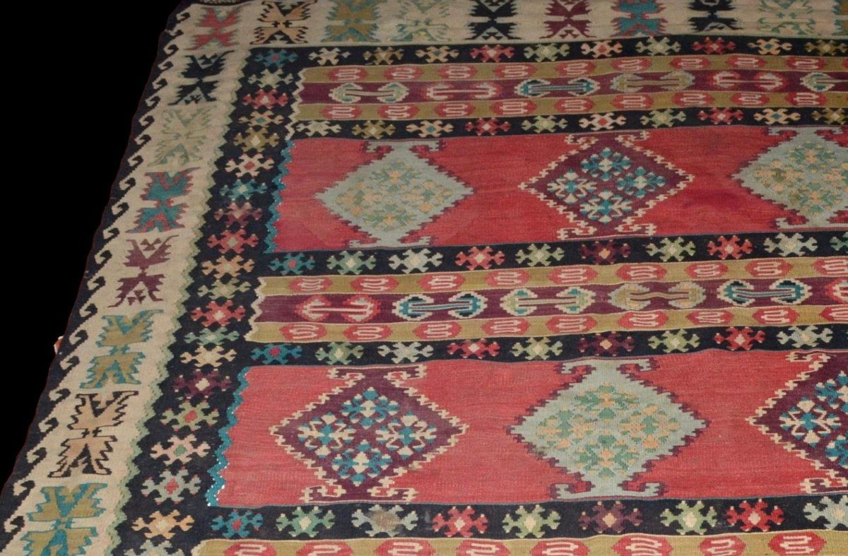 Kilim ancien, 196 cm x 292 cm, laine tissée main vers 1900 en Anatolie, Turquie, très bel état-photo-1