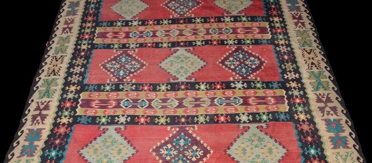 Kilim ancien, 196 cm x 292 cm, laine tissée main vers 1900 en Anatolie, Turquie, très bel état-photo-3