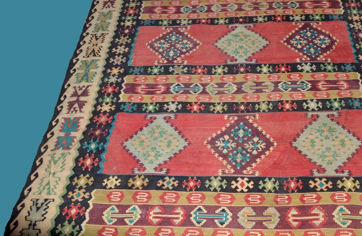 Kilim ancien, 196 cm x 292 cm, laine tissée main vers 1900 en Anatolie, Turquie, très bel état-photo-4