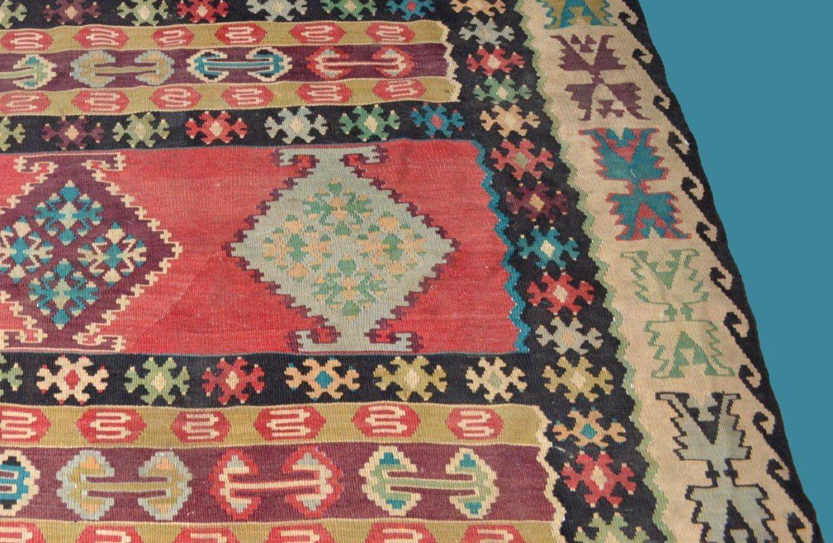 Kilim ancien, 196 cm x 292 cm, laine tissée main vers 1900 en Anatolie, Turquie, très bel état-photo-5