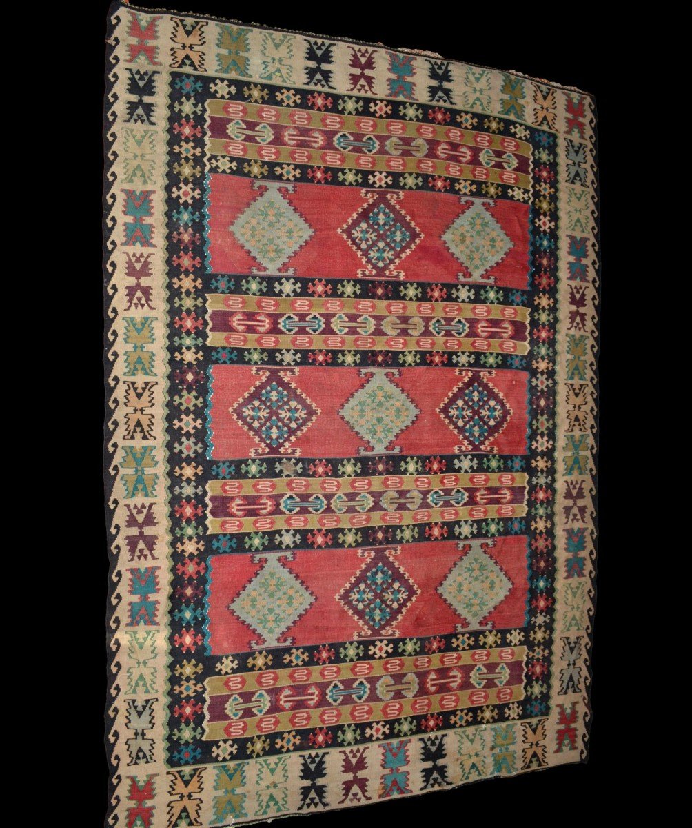 Kilim ancien, 196 cm x 292 cm, laine tissée main vers 1900 en Anatolie, Turquie, très bel état-photo-7