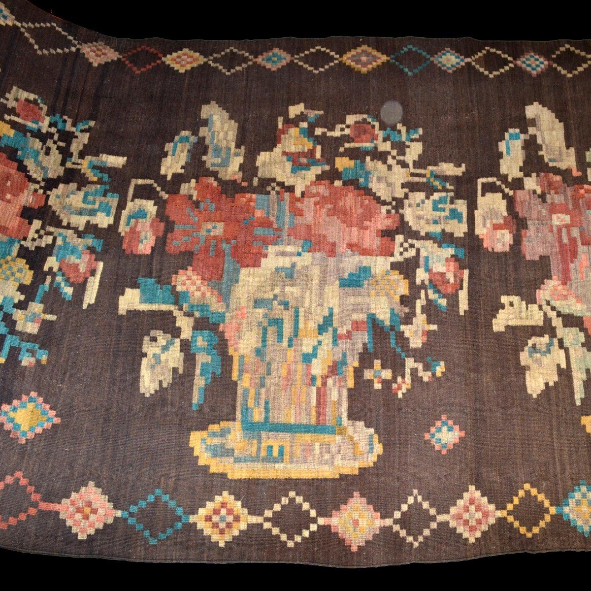 Lourd kilim, 165 cm x 434 cm, laine tissée main au Karabagh vers 1950, dessin typique, parfait 