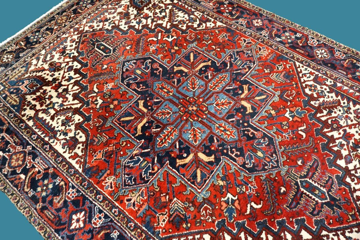 Tapis Hériz, persan, 203 cm x 280 cm, laine nouée main en Iran vers 1980, en très bon état-photo-4