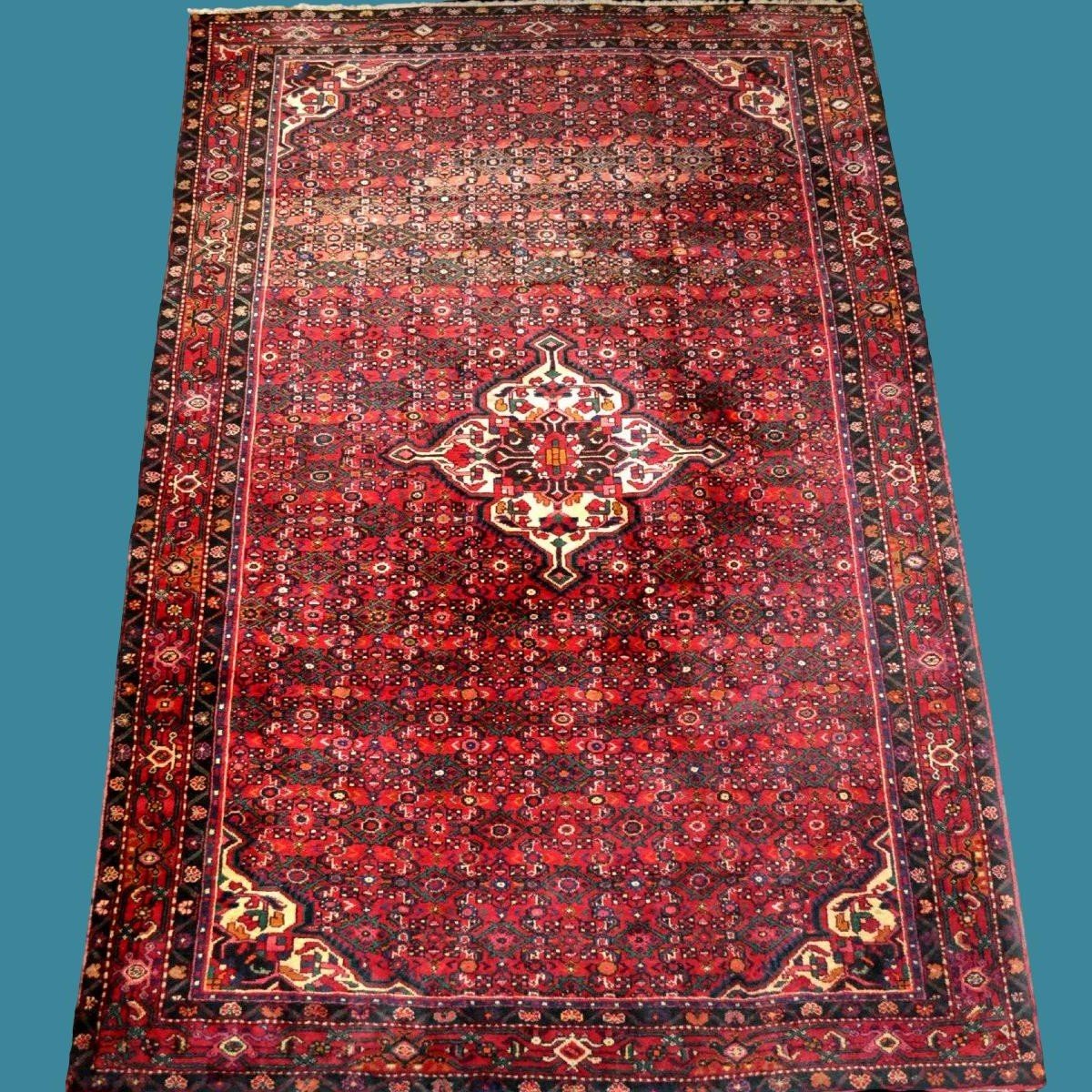Tapis Hamadan, abrash, 213 cm  x 305 cm, laine nouée main en Iran vers 1980 en très bon état
