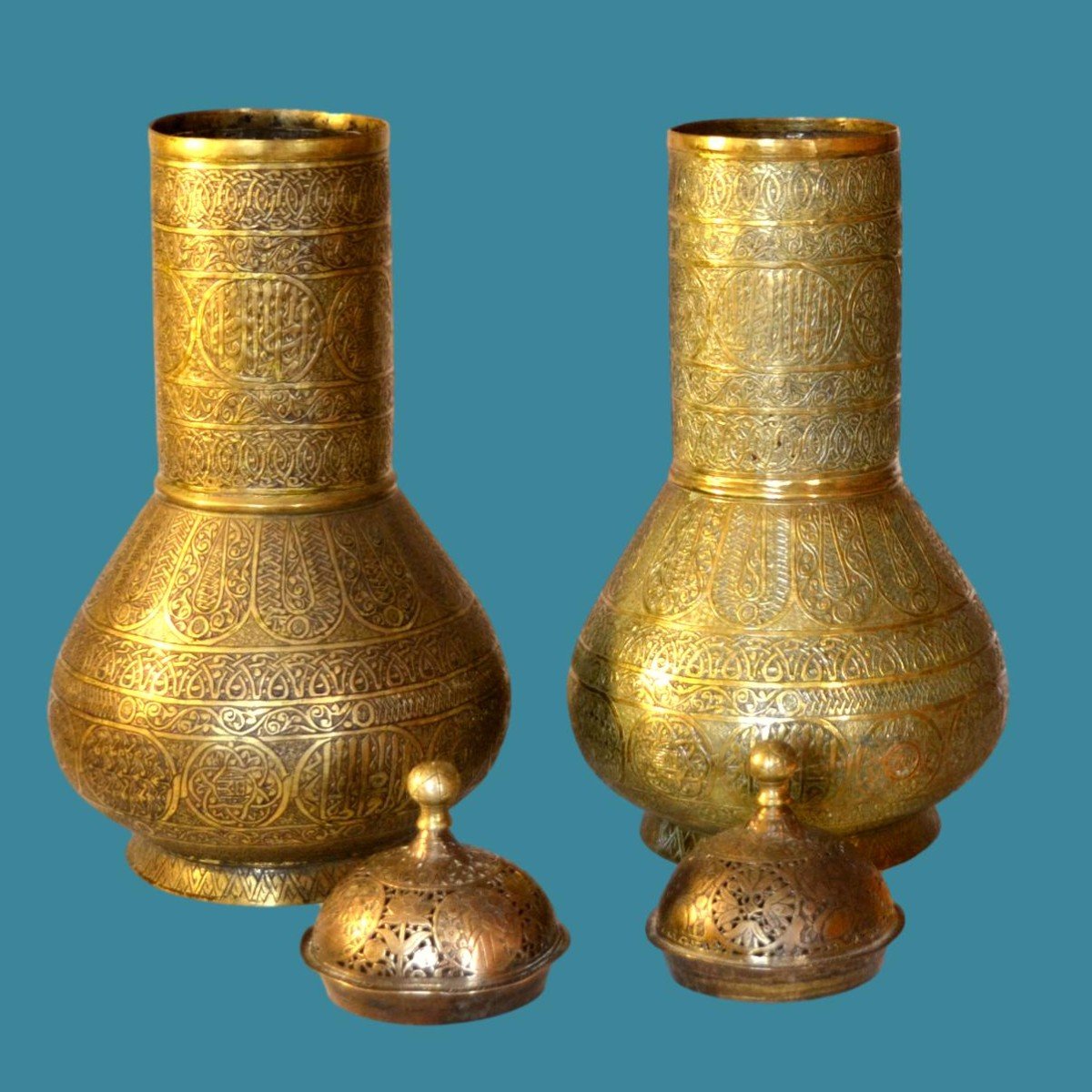 Pair Of Large Incense Burners, Chiseled & Openwork Brass, Persia, Iran, Under Kadjar Dynasty-photo-2