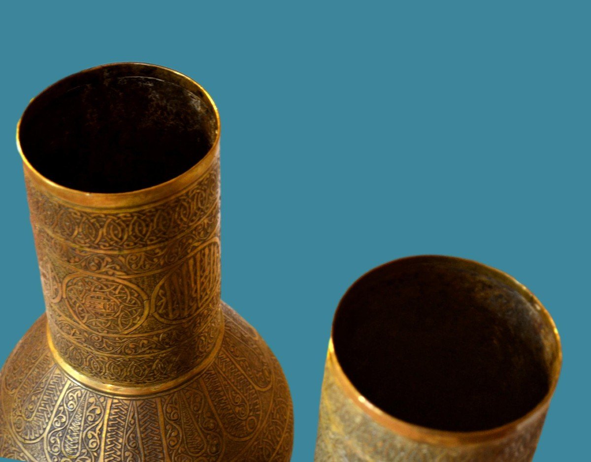 Pair Of Large Incense Burners, Chiseled & Openwork Brass, Persia, Iran, Under Kadjar Dynasty-photo-4