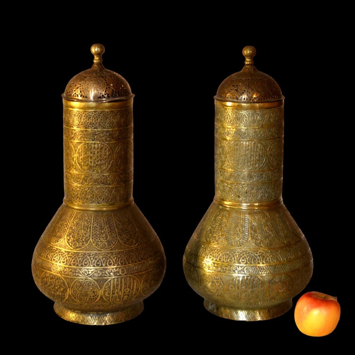 Pair Of Large Incense Burners, Chiseled & Openwork Brass, Persia, Iran, Under Kadjar Dynasty
