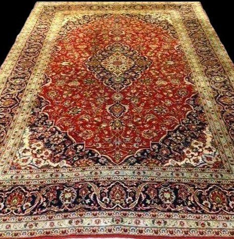 Tapis Kashan, persan, 253 cm x 366 cm, laine kork nouée main en Iran vers 1970 en parfait état-photo-2