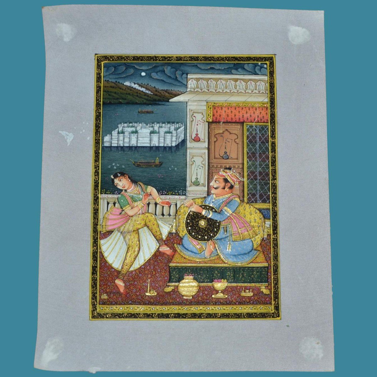 Miniature sur papier de soie, école de Marwar, Rajasthan, Inde, "le palais flottant"-photo-4