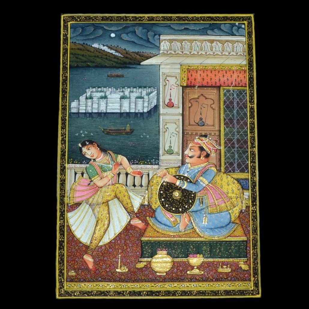 Miniature sur papier de soie, école de Marwar, Rajasthan, Inde, "le palais flottant"