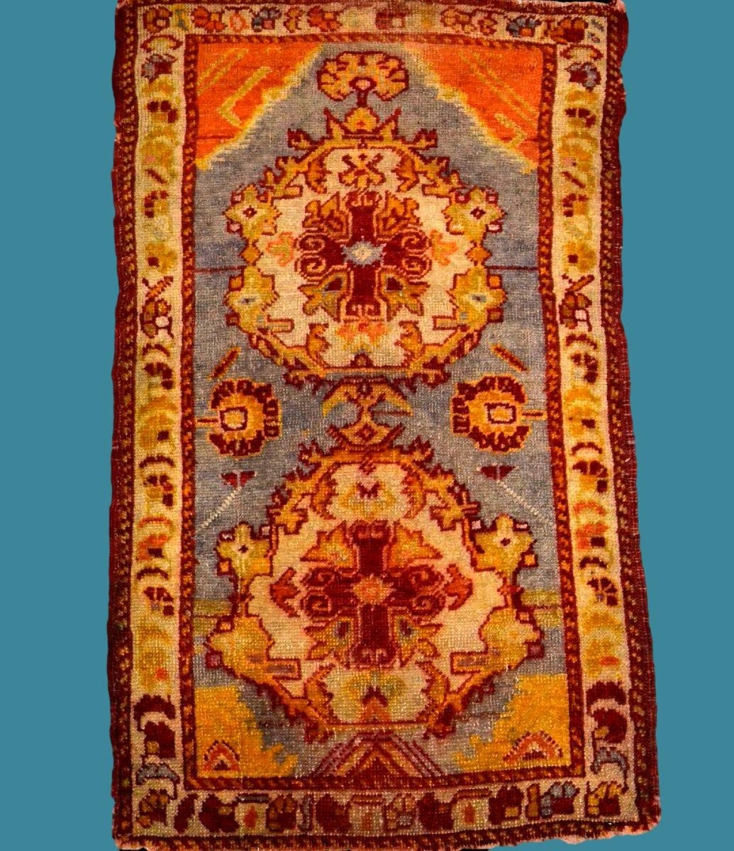 Yastik ancien vers 1900, 54 x 86 cm, tapis de bienvenue, laine nouée main en Anatolie, Turquie-photo-4