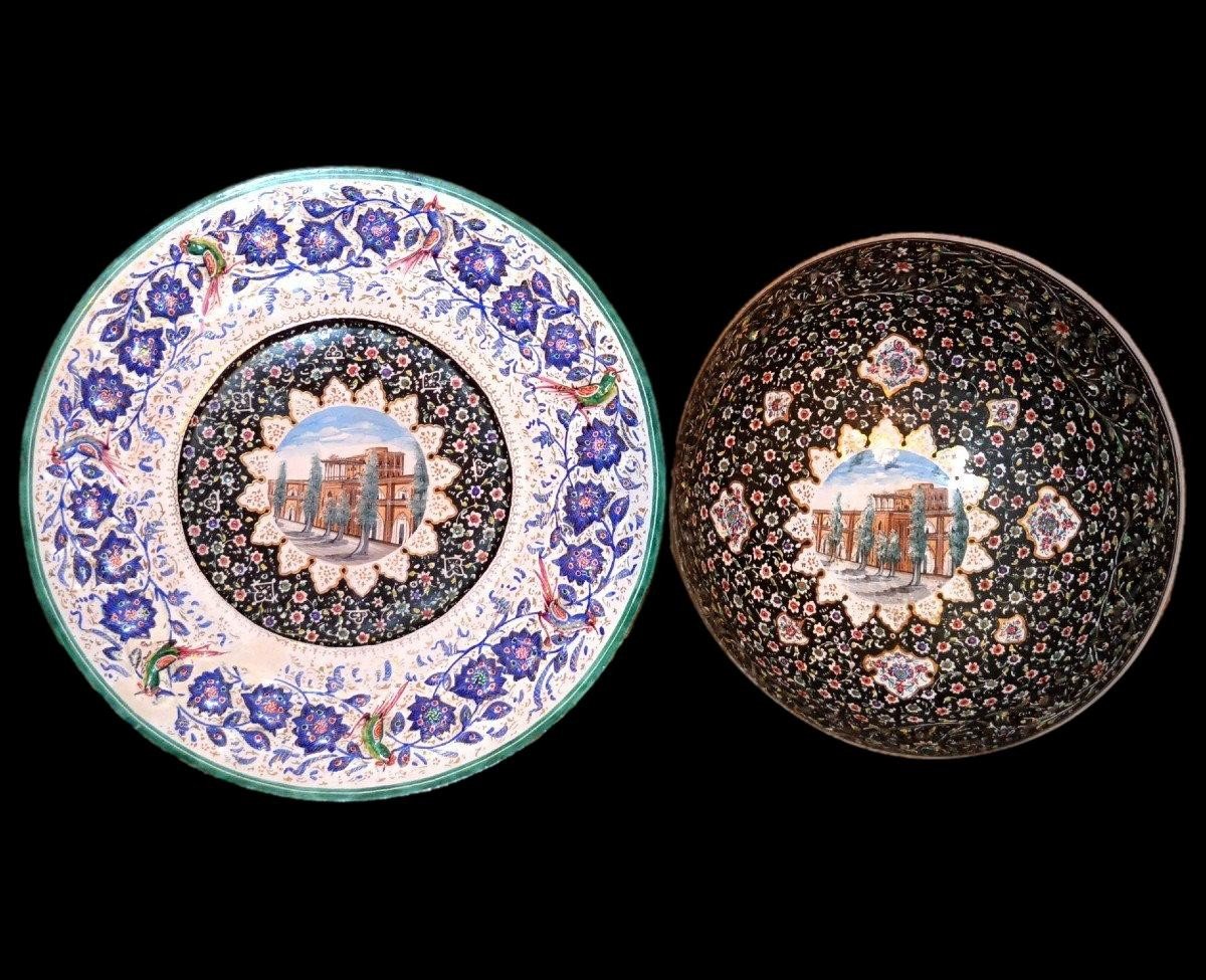 Coupe et plat, Minâkâri ancien, vers1900, Ispahan, Iran, décor du palais Ali Qapu-photo-3
