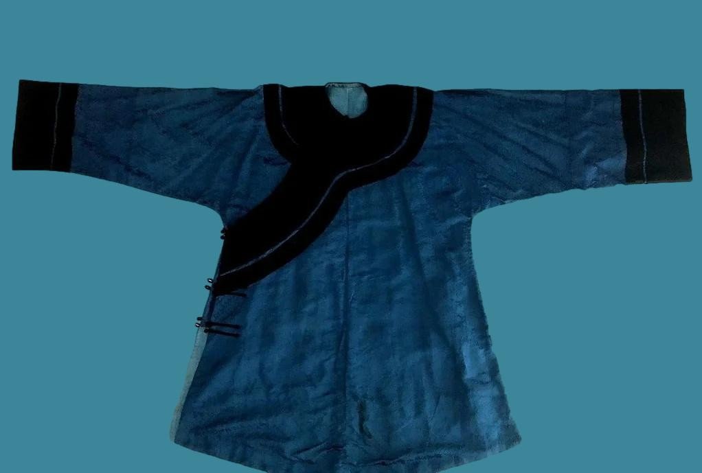 Qipao Cheongsam, soie noire et bleue indigo, Dynastie Qing, Chine vers 1870, très bon état-photo-2