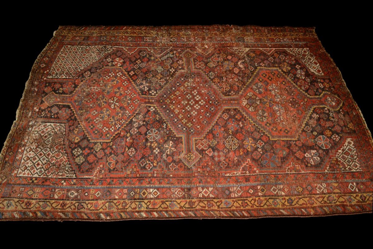 Tapis Gashghaï ancien, 152 x 213 cm, laine nouée main en Perse au XIXème siècle, rare patine-photo-7