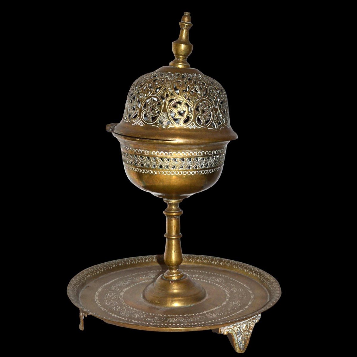 Ottoman Table Perfume Burner In Openwork And Chiseled Brass, Late 19th Century, Early 20th Century