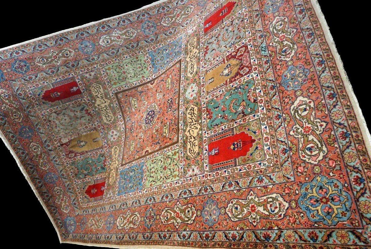 Tapis Tabriz, décor de calligraphies, 253 cm x 353 cm, laine kork nouée main en Iran vers 1980-photo-4