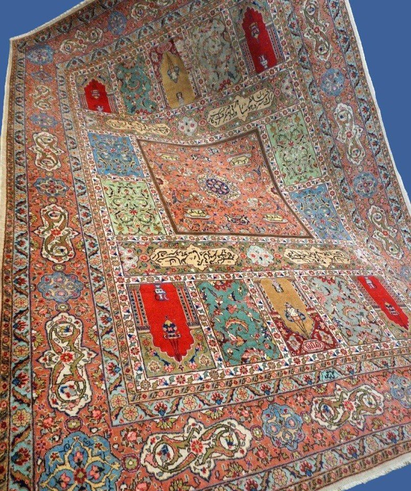 Tapis Tabriz, décor de calligraphies, 253 cm x 353 cm, laine kork nouée main en Iran vers 1980-photo-7