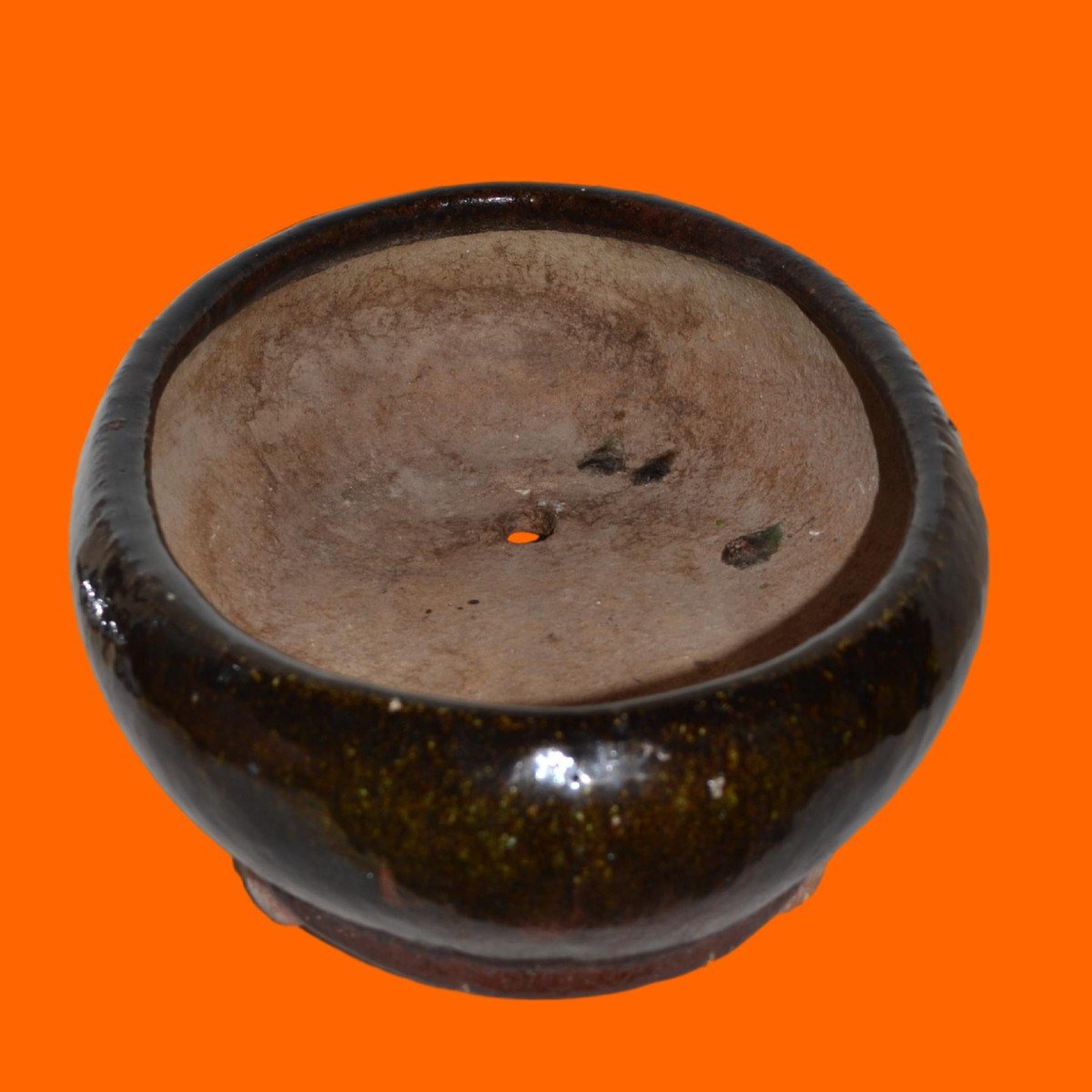 Important pot à Bonsaï ancien, glaçure marron veinée d'ocre, Japon du XIXème en très bel état -photo-2