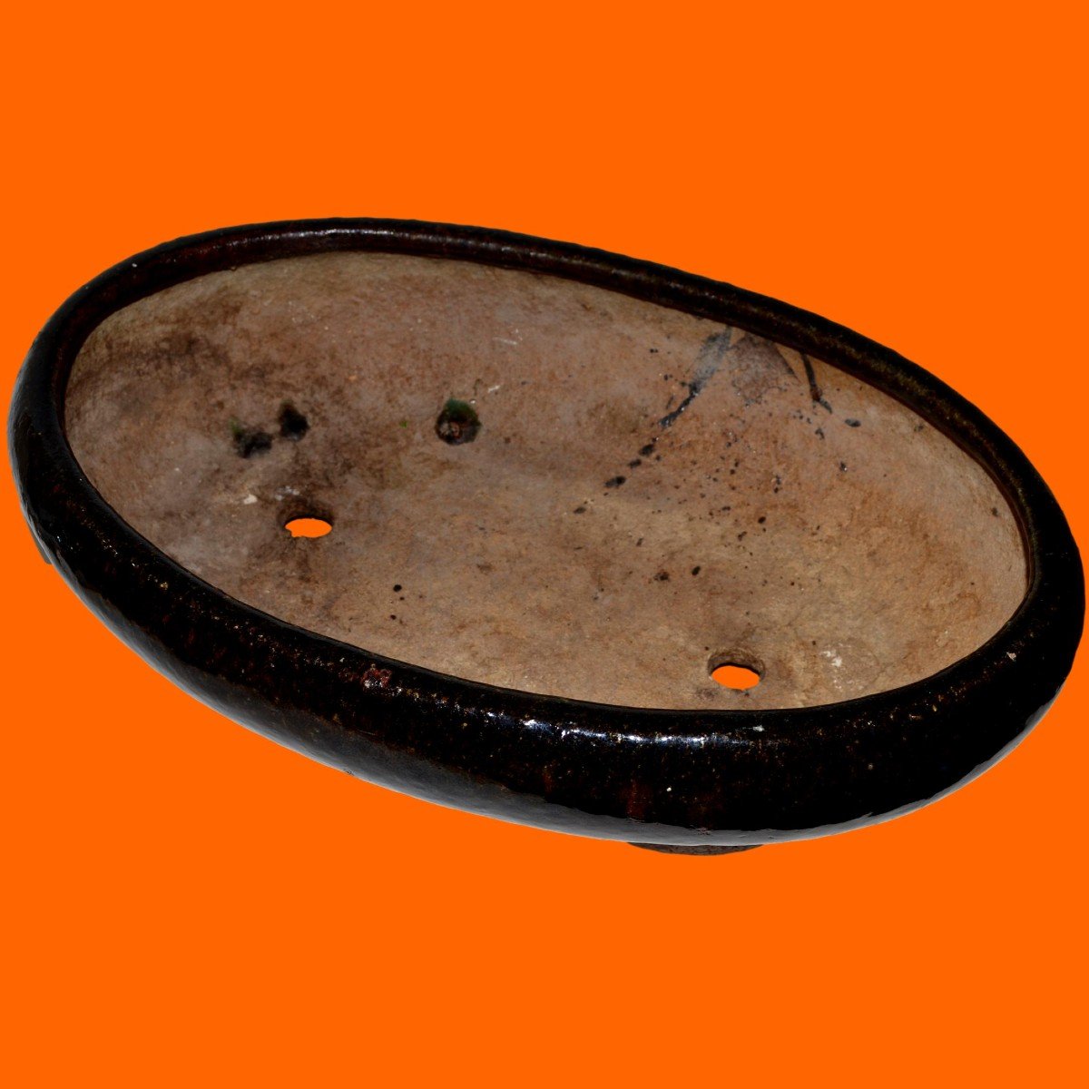 Important pot à Bonsaï ancien, glaçure marron veinée d'ocre, Japon du XIXème en très bel état -photo-3