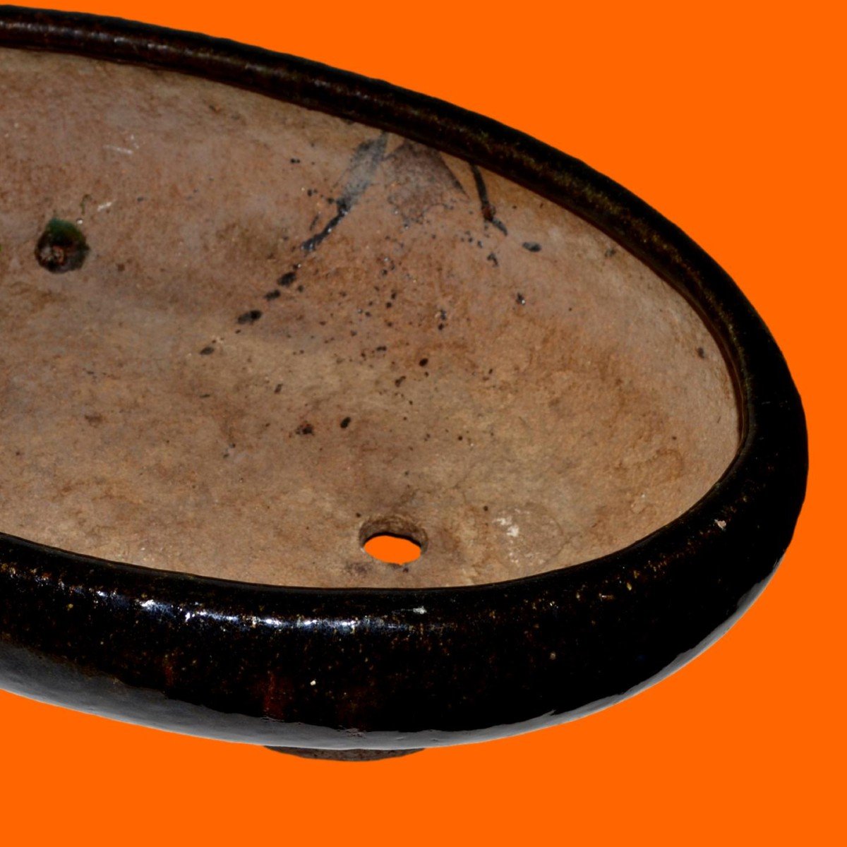 Important pot à Bonsaï ancien, glaçure marron veinée d'ocre, Japon du XIXème en très bel état -photo-1