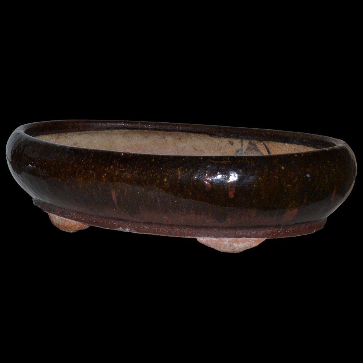 Important Old Bonsai Pot, Brown Veined Ocher Glaze, 19th Century Japan In Very Good Condition -photo-8