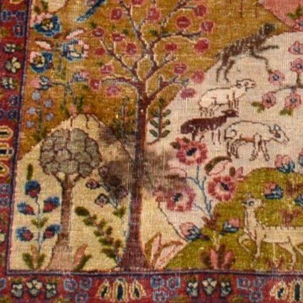 Painting Rug, Old Tabriz, 142 Cm X 188 Cm, Hand-knotted Wool In Persia, Iran Circa 1880 - 1900-photo-4