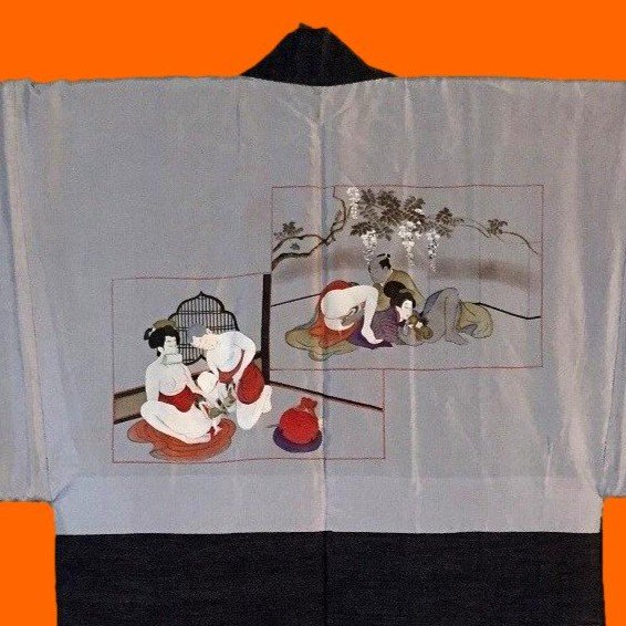 "very Erotic" , Kimono Jacket, Haori 羽織, Shunga 春画, Cotton & Silk, Japan 1950, Showa Era-photo-2