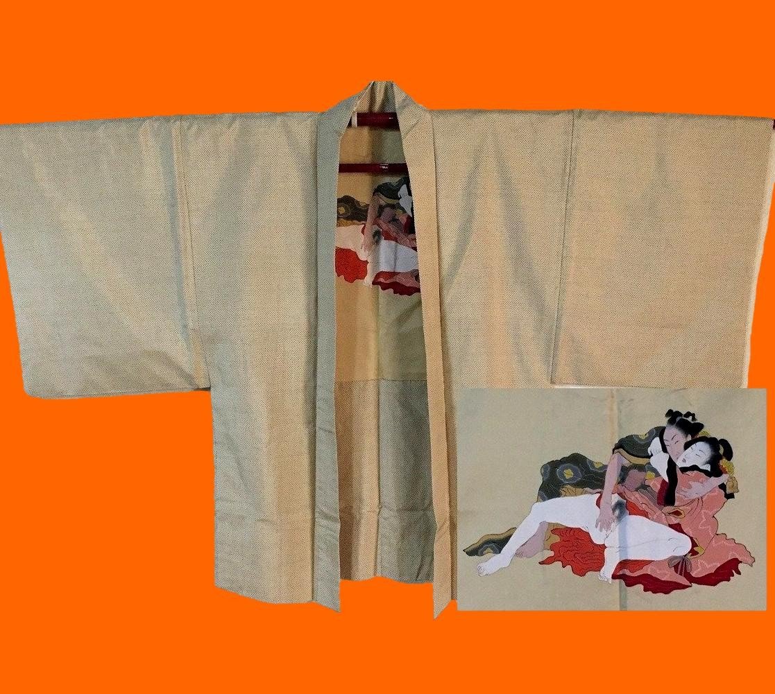 "Shunga sur soie", veste kimono soie sur soie, Haori 羽織, Shunga 春画, Japon,1950, Ere Showa-photo-2