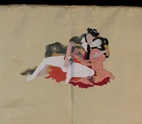 "Shunga sur soie", veste kimono soie sur soie, Haori 羽織, Shunga 春画, Japon,1950, Ere Showa-photo-1